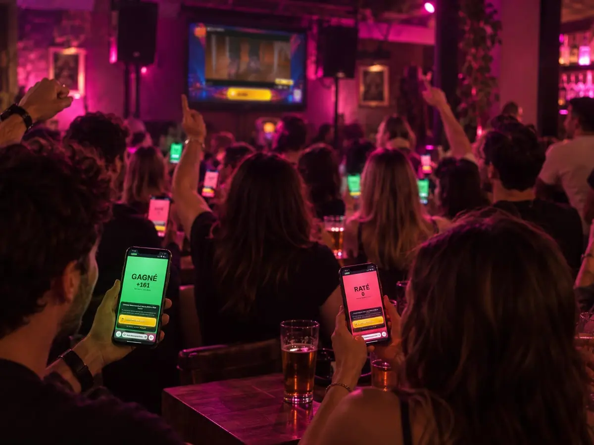 Une salle pleine face à l’écran, les téléphones des joueurs affichent Gagné ou Raté